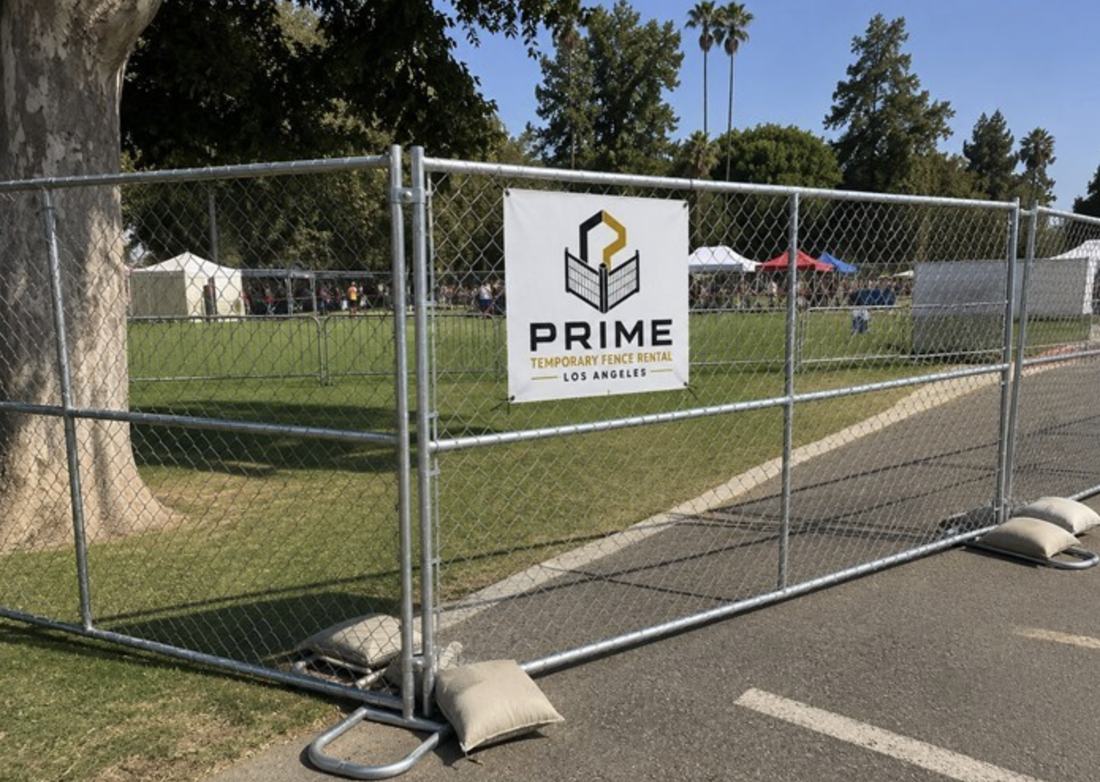 Temporary event fencing set up at an outdoor park